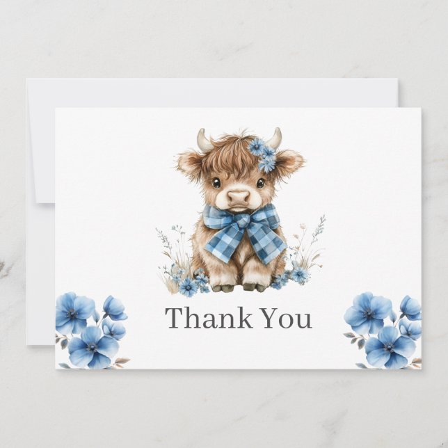 Blått höglandskort för bladig tacka tack kort (Framsida)
