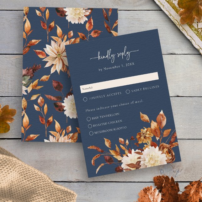 Blått Höst löv svarskort i flottan OSA Kort (Navy Blue Fall Leaves Floral Response Card by Painted Paperie
)