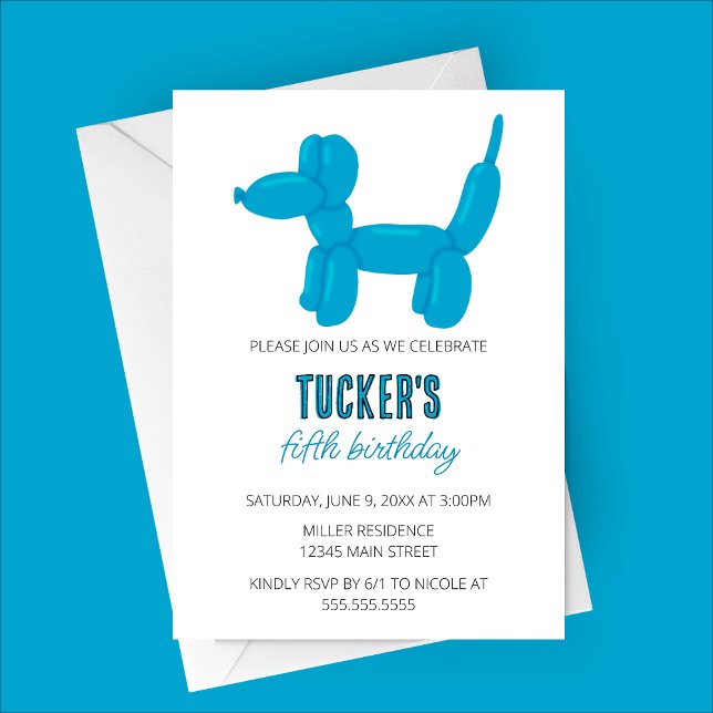 Blått Hund Ballon Animal Födelsedagsfest Inbjudningar (Blue Dog Balloon Animal Birthday Party Invitation)