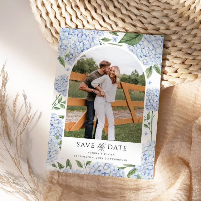 Blått Hydrangea Arched Photo Save Date Inbjudningar (Beautiful Hydrangea Save the Date with Your Photo)