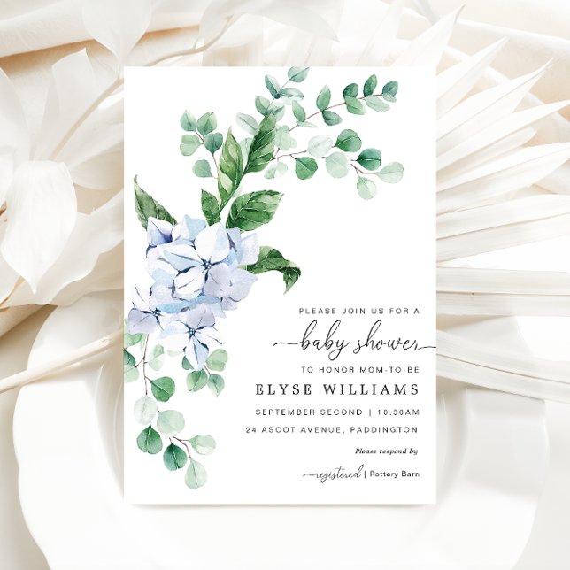 Blått Hydrangea Blommigt Baby Shower-inbjudan Inbjudningar (Baby Shower Invitation)