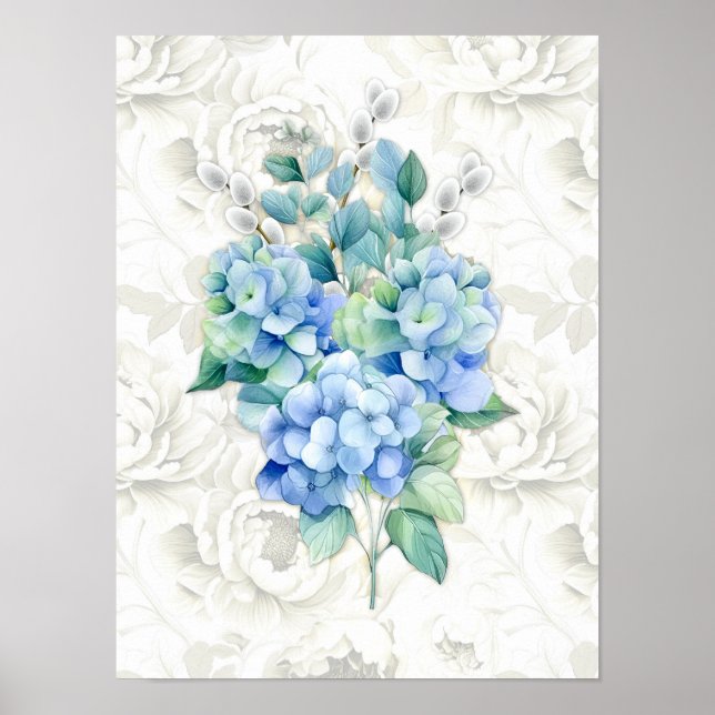 Blått Hydrangea Botaniska Blommigten Bakgrund Poster (Framsidan)