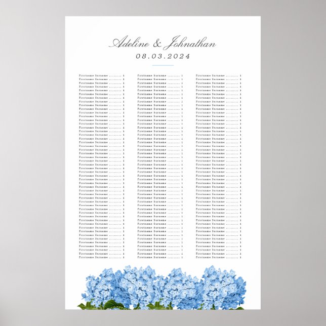 Blått Hydrangea Bröllop-sätesdiagram Poster (Framsidan)