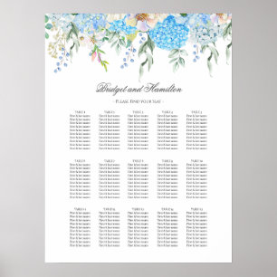 Blått Hydrangea-Bröllop-sittdiagram för elegant Poster