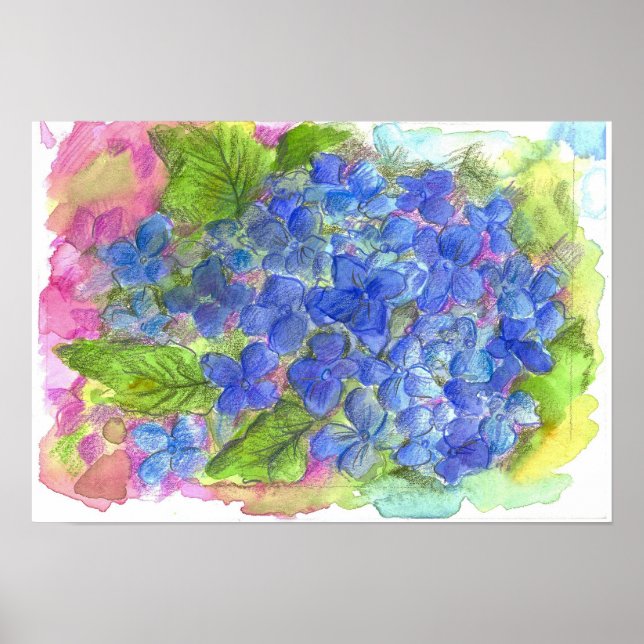 Blått Hydrangea Flower Watercolor Painting Poster (Framsidan)