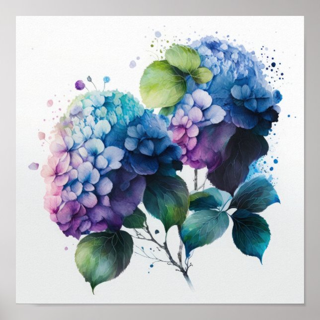 Blått Hydrangea Flowers Art Skriv ut Poster (Framsidan)