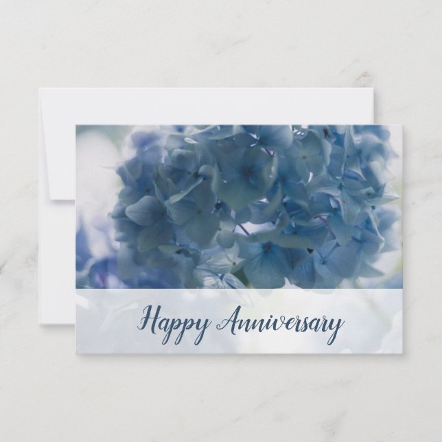 Blått Hydrangea-fotokort för lycklig-årsdagen Anteckningskort (Framsida)