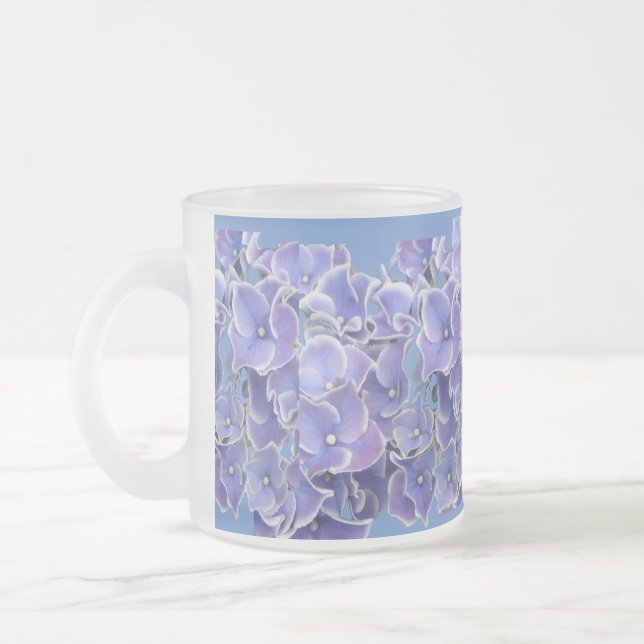 Blått Hydrangea med vitt Gräns Mönster-tea-glas Frostad Glasmugg (Vänster)