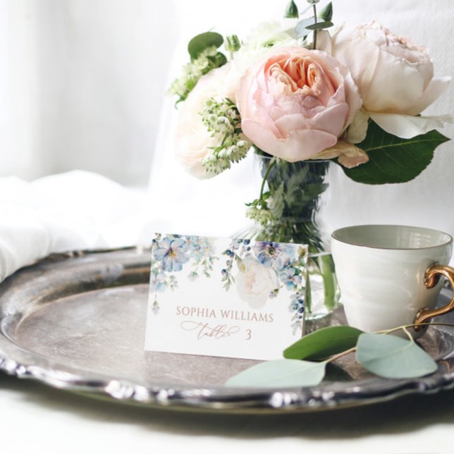 Blått Hydrangea och  Bröllop-platskort för elegant Bordsnummer (Skapare uppladdad)