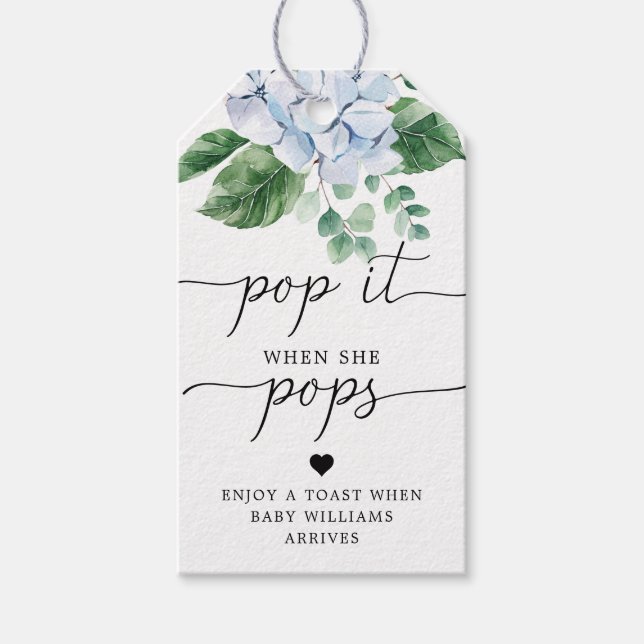 Blått Hydrangea poppar det när hon trycker på favo Presentetikett (Framsidan)