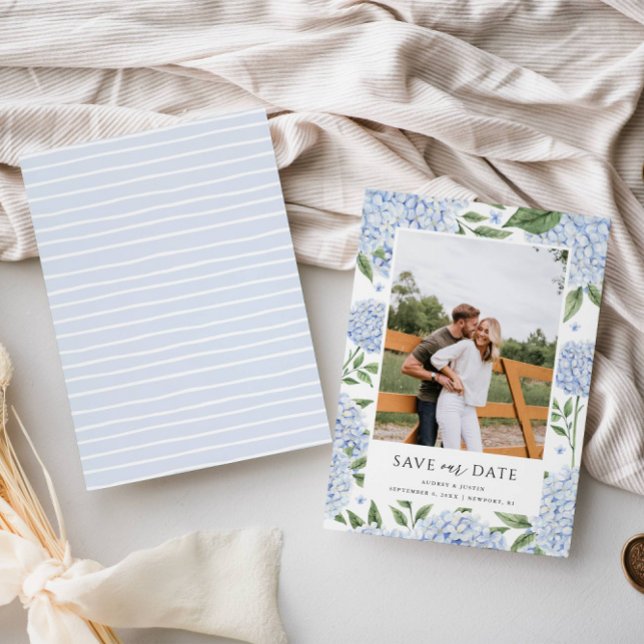 Blått Hydrangea-ramfoto Spara datum Inbjudningar (Skapare uppladdad)