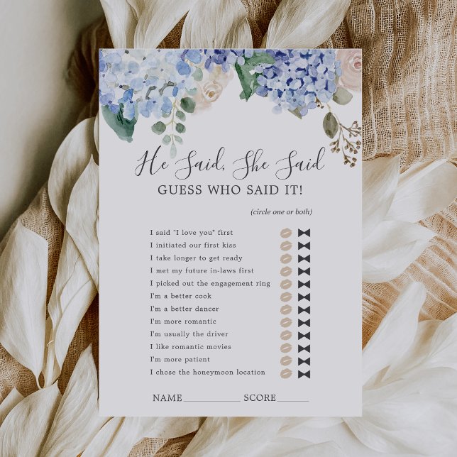Blått Hydrangea sa att hon sa att hon sa att det v Inbjudningar (Blue Hydrangea He Said She Said Shower Game Card)