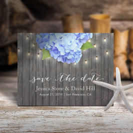 Blått Hydrangea & String Ljus Wood Spara datum Meddelande Vykort