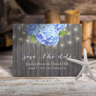 Blått Hydrangea & String Ljus Wood Spara datum Meddelande Vykort