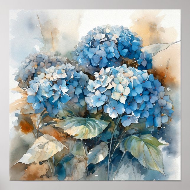 Blått Hydrangea Watercolor Art Skriv ut Poster (Framsidan)
