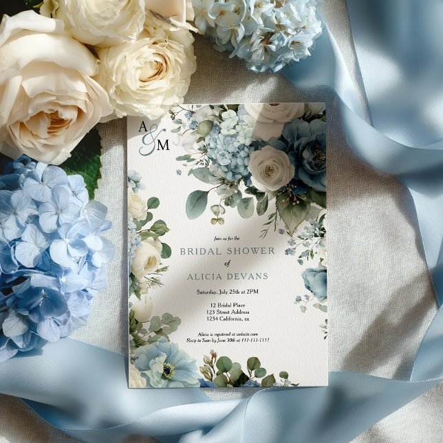Blått Hydrangea Watercolor Blommigt Möhippa Inbjudningar (Blue Hydrangea Watercolor Floral Bridal Shower Invitation)