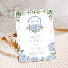 Blått Hydrangea Watercolor-Vapensköld Spara datum Inbjudningar