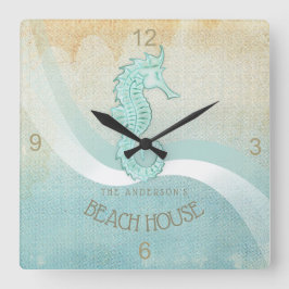Blått ID623 för Aqua för strandhusSeahorse Fyrkantig Klocka