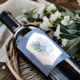 Blått ID956 för Lush Handflatan Löv Bröllop Vinflaska Etikett