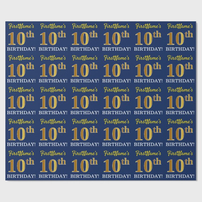 Blått, Imitation Guld titta "10:e BIRTHDAY" Presentpapper (Platt)