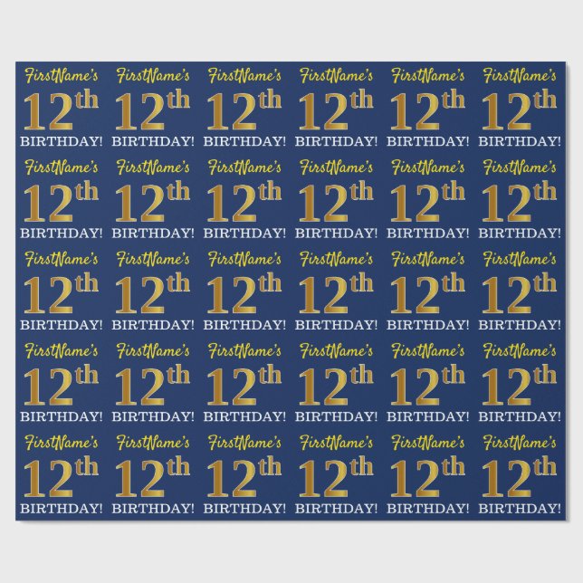 Blått, Imitation Guld titta "12:e BIRTHDAY" Presentpapper (Platt)