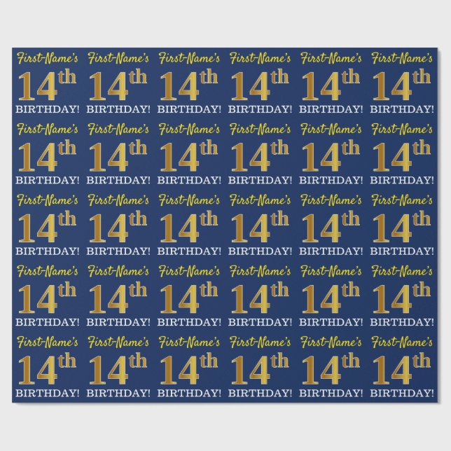 Blått, Imitation Guld titta "14:e BIRTHDAY" Presentpapper (Platt)