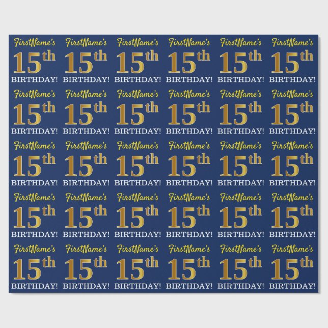 Blått, Imitation Guld titta "15:e BIRTHDAY" Presentpapper (Platt)