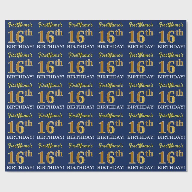 Blått, Imitation Guld titta "16:e BIRTHDAY" Presentpapper (Platt)