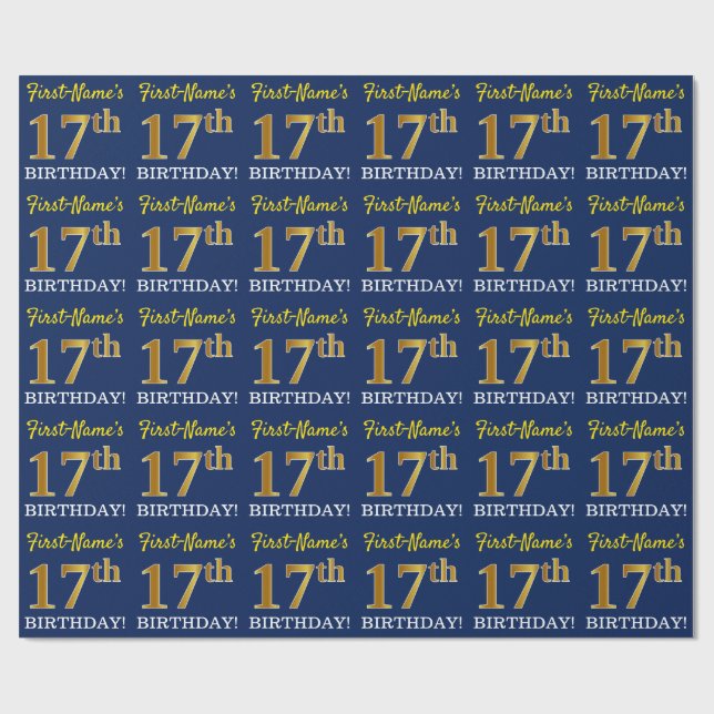 Blått, Imitation Guld titta "17:e BIRTHDAY" Presentpapper (Platt)