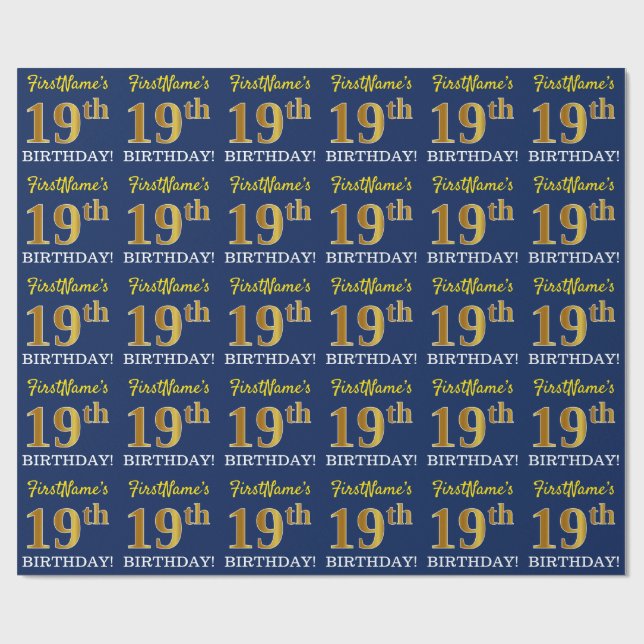 Blått, Imitation Guld titta "19:e BIRTHDAY" Presentpapper (Platt)