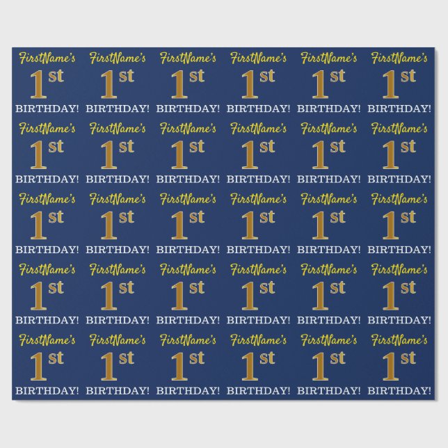 Blått, Imitation Guld titta "1st BIRTHDAY" Presentpapper (Platt)