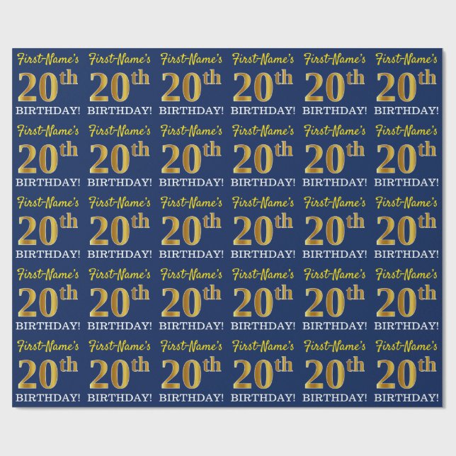 Blått, Imitation Guld titta "20:e BIRTHDAY" Presentpapper (Platt)