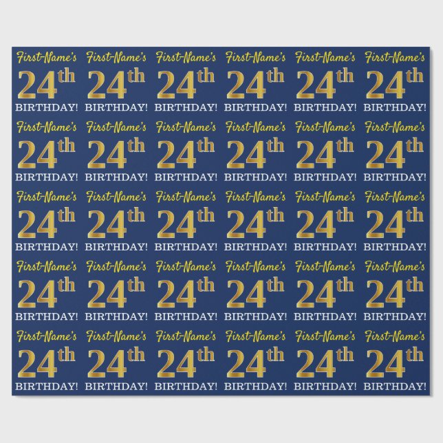 Blått, Imitation Guld titta "24:e BIRTHDAY" Presentpapper (Platt)