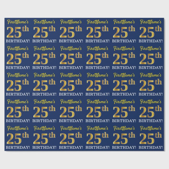 Blått, Imitation Guld titta "25:e BIRTHDAY" Presentpapper (Platt)