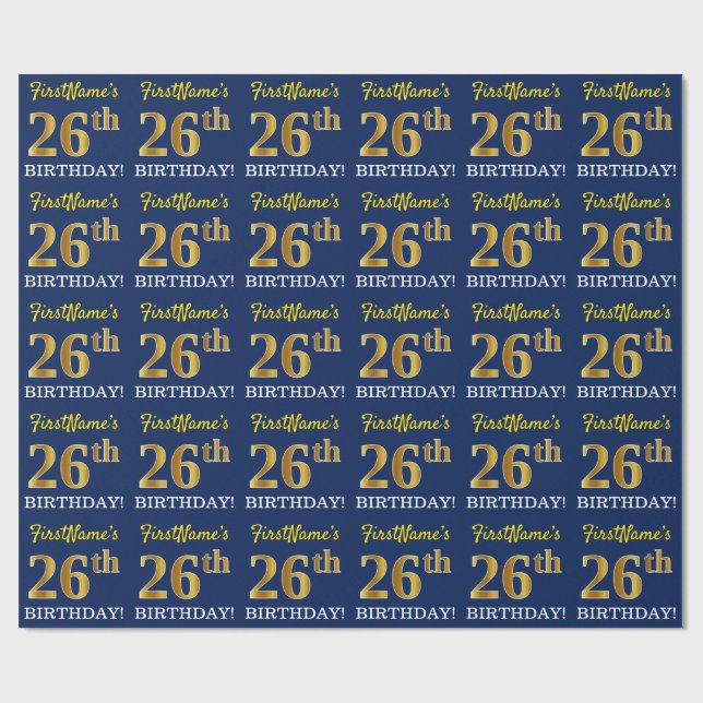 Blått, Imitation Guld titta "26:e BIRTHDAY" Presentpapper (Platt)