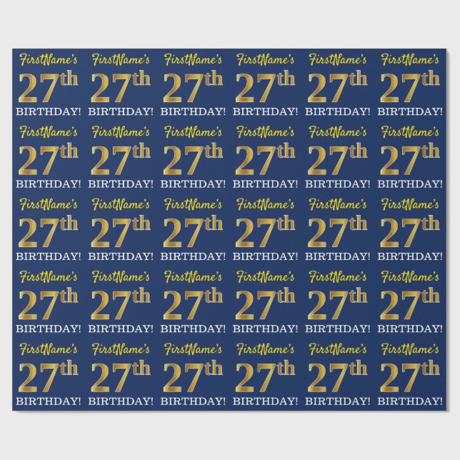 Blått, Imitation Guld titta "27:e BIRTHDAY" Presentpapper (Platt)