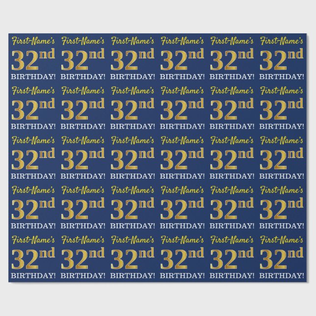 Blått, Imitation Guld titta "32:a BIRTHDAY" Presentpapper (Platt)