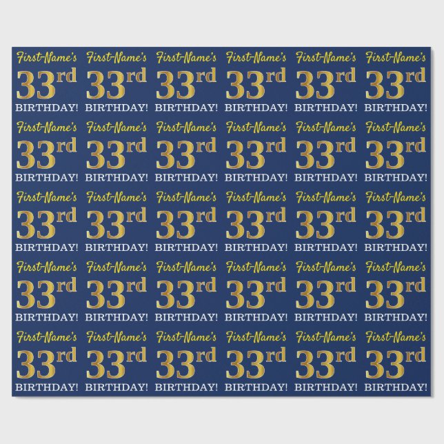 Blått, Imitation Guld titta "33:e BIRTHDAY" Presentpapper (Platt)