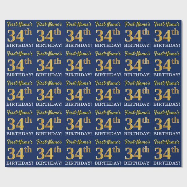 Blått, Imitation Guld titta "34:e BIRTHDAY" Presentpapper (Platt)