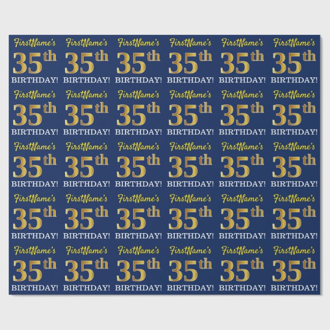 Blått, Imitation Guld Titta "35e BIRTHDAY" Presentpapper (Platt)
