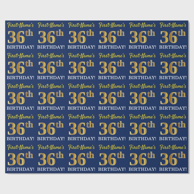Blått, Imitation Guld titta "36:e BIRTHDAY" Presentpapper (Platt)