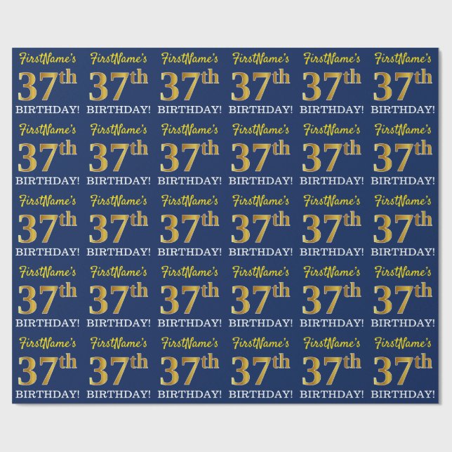 Blått, Imitation Guld titta "37:e BIRTHDAY" Presentpapper (Platt)