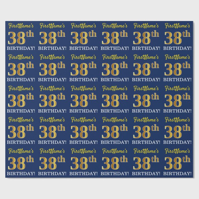 Blått, Imitation Guld titta "38:e BIRTHDAY" Presentpapper (Platt)