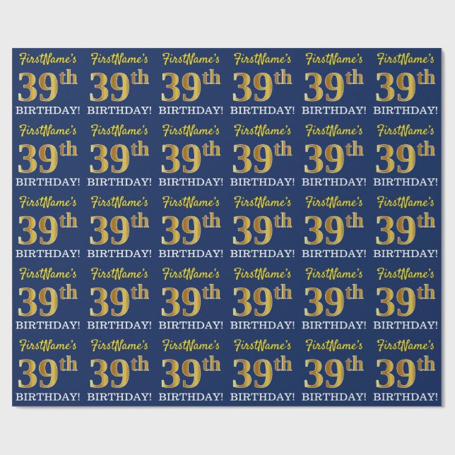 Blått, Imitation Guld titta "39:e BIRTHDAY" Presentpapper (Platt)