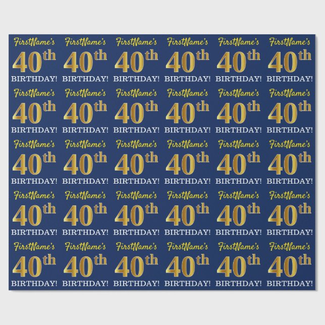 Blått, Imitation Guld titta "40:e BIRTHDAY" Presentpapper (Platt)