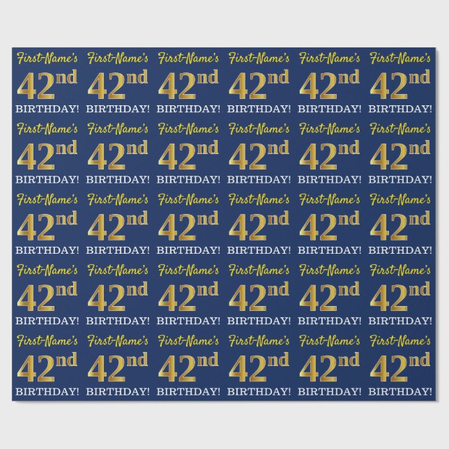 Blått, Imitation Guld titta "42:a BIRTHDAY" Presentpapper (Platt)