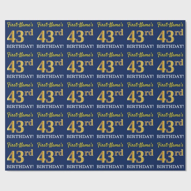 Blått, Imitation Guld titta "43:e BIRTHDAY" Presentpapper (Platt)