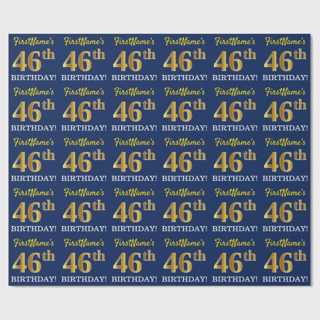 Blått, Imitation Guld titta "46:e BIRTHDAY" Presentpapper (Platt)