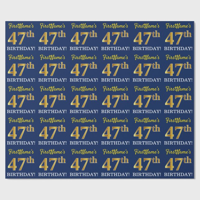 Blått, Imitation Guld titta "47:e BIRTHDAY" Presentpapper (Platt)