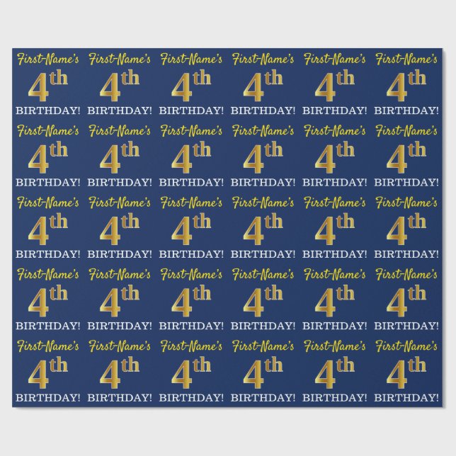 Blått, Imitation Guld Titta "4e födelsedagen" Presentpapper (Platt)